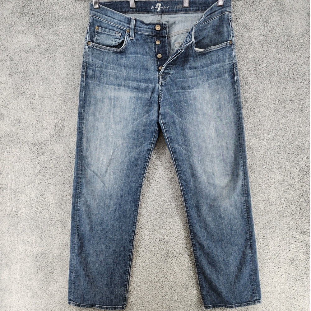 7 For All Mankind Jeans Mens 34x32 Blue Faded Denim Relaxed Straight Distressed